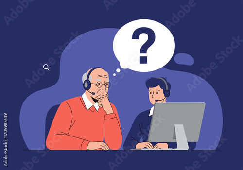 Customer service representatives helping a confused elderly man with a question.