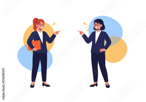Two businesswomen pointing at each other in disagreement.