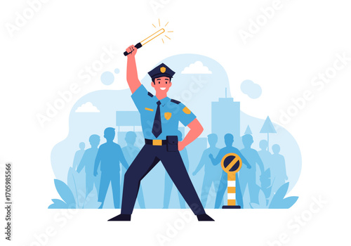 Police Officer Directing Traffic with Baton and Crowd Background.