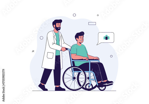 Doctor pushing patient in wheelchair for medical care.