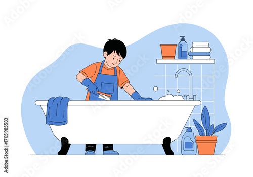 Person Cleaning a Bathtub with Gloves and Supplies.