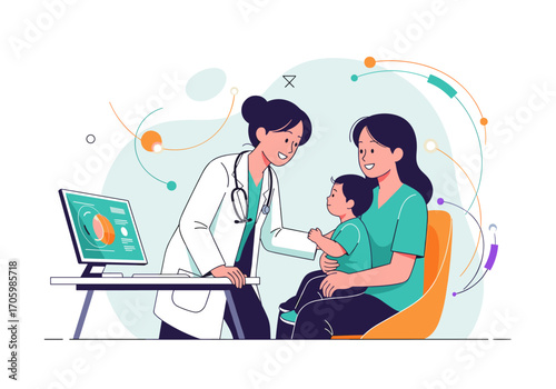 Doctor examining a child with mother in clinic.