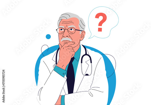 Elderly doctor thinking with a question mark above his head.