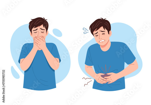 Man suffering from stomach ache and nausea illustration.