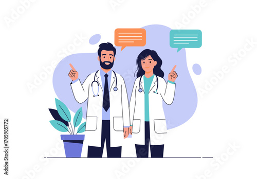 Two doctors giving advice with speech bubbles above their heads.