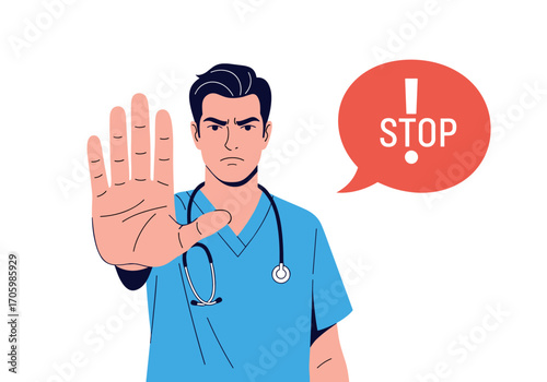Doctor Showing Stop Hand Gesture With Stop Sign Speech Bubble.