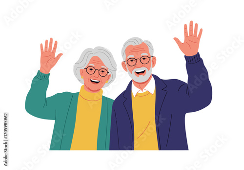 Happy elderly couple waving hello with smiles.