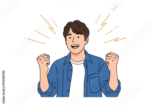 Excited young man celebrating success with fists clenched.