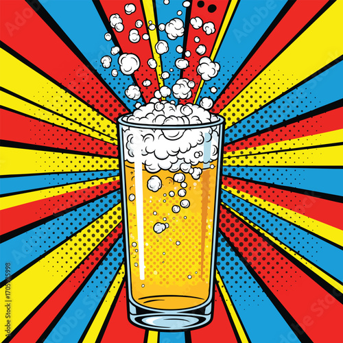 A tall glass of golden beer with exploding foam in a vibrant pop art comic book style.