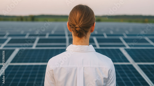 A person stands in front of solar panels, gazing at the landscape, embodying a commitment to renewable energy and sustainability.