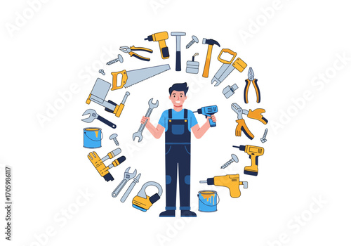 Skilled handyman surrounded by a circular arrangement of various tools.