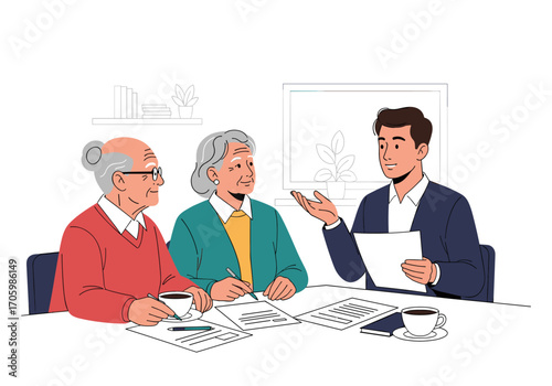 Financial advisor meeting with elderly couple discussing documents.