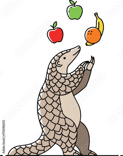 Pangolin juggling fruit cartoon illustration