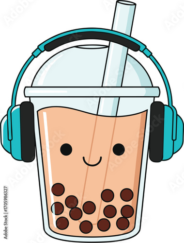 Cartoon boba tea with happy face wears blue headphones
