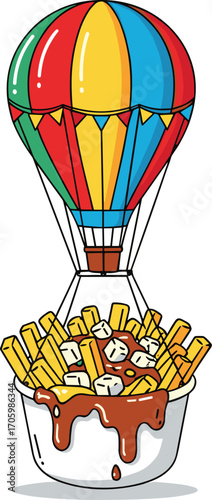 Cartoon hot air balloon carrying poutine with cheese curds and gravy