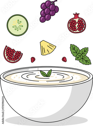 Fruit falling into a bowl of yogurt. Vector illustration of yogurt with cucumber, grapes, pomegranate, pineapple and mint.