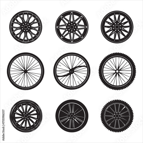 Collection of nine vintage and antique spoked wheels in various designs