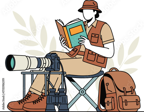 Illustration of faceless explorer sitting, reading book, telescope, backpack, binoculars