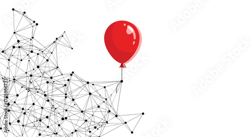Red balloon escapes complex black network illustration on white backdrop