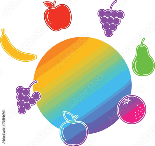 Bright vector illustration of various outlined fruits arranged around rainbow gradient