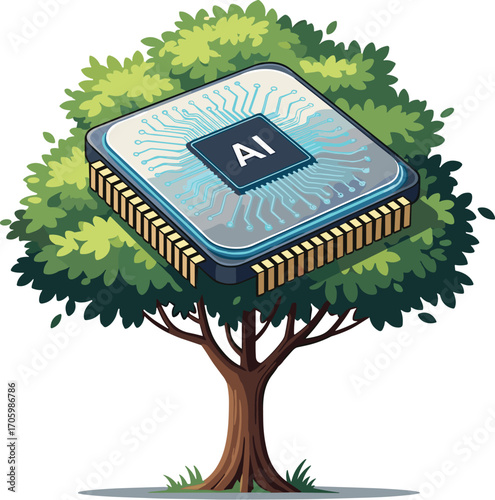 AI chip on tree: vector illustration of tech growth