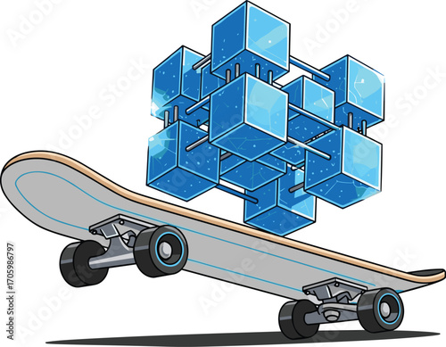 Skateboard with connected blue cubes on top, futuristic technology concept