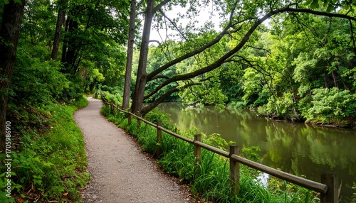 Fototapeta Naklejka Na Ścianę i Meble -  Serene path beside a still river, lush green forest