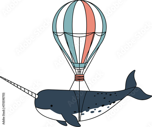 Cartoon narwhal with hot air balloon on white background