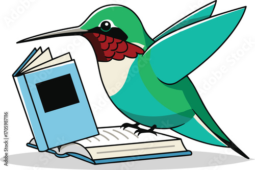 Cartoon hummingbird reads book, open with blank pages