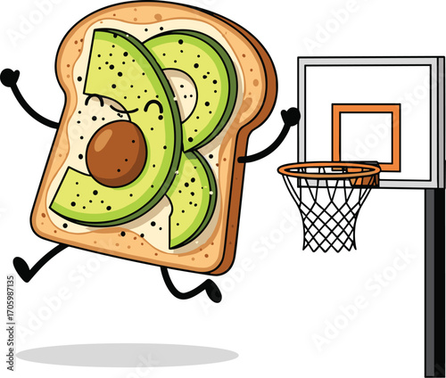 Avocado toast cartoon playing basketball