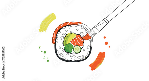 Sushi roll painting illustration with salmon avocado and cucumber