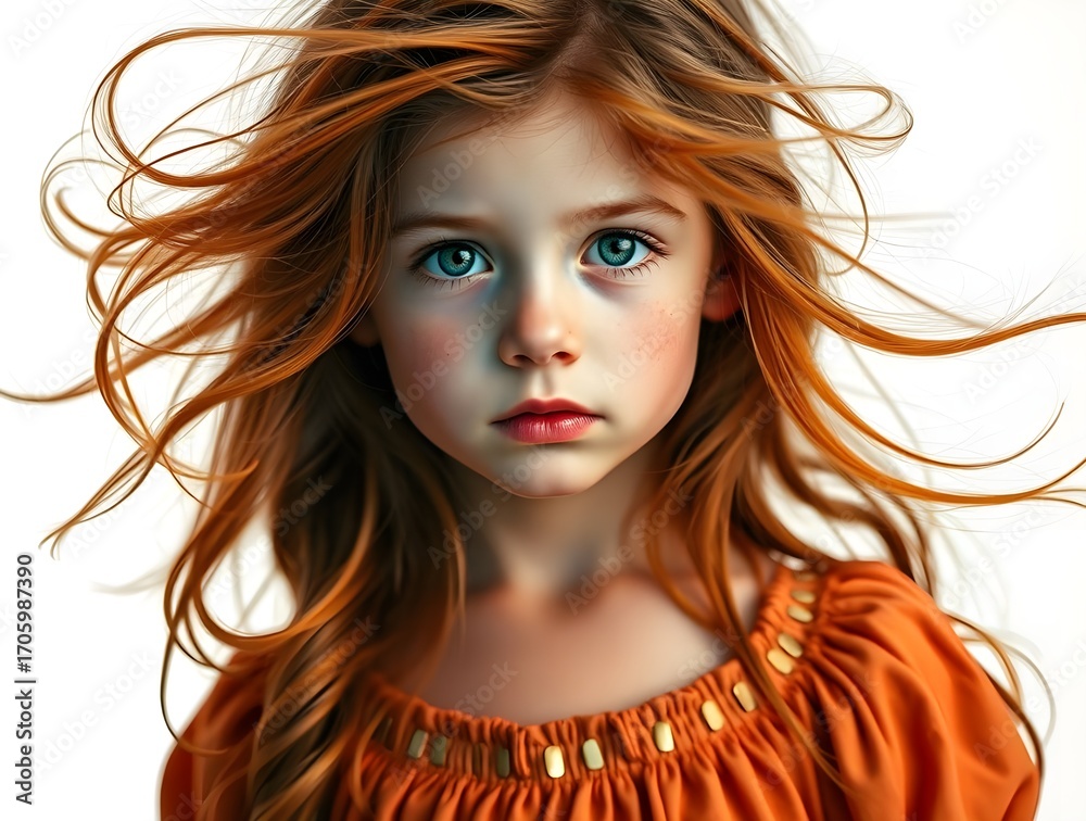 Fototapeta premium Fine art photography, high contrast. Adorable girl with flowing hair, rosy cheeks, freckles, charming dress. Warm terracotta and cool teal tones, dramatic lighting, white background. Full body shot.