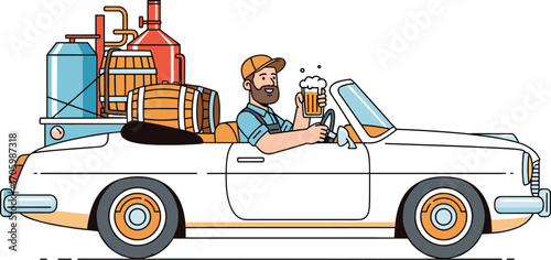 Cartoon man drives car with beer and brewery equipment