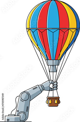 Cartoon robotic arm holds hot air balloon basket with striped balloon