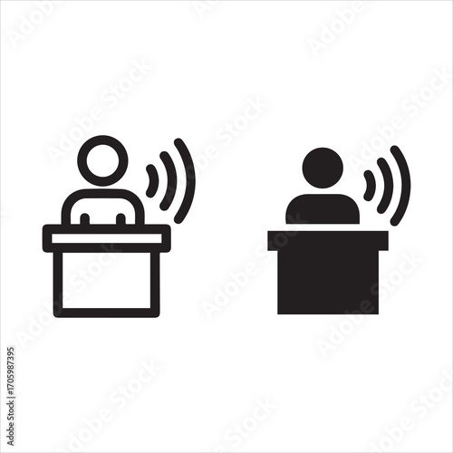 Speaker at podium with sound waves icon set