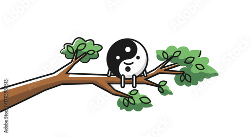 Cartoon yin yang figure sitting on tree branch with leaves