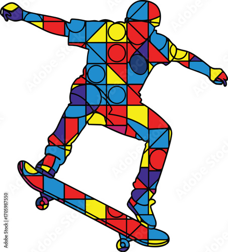 Colorful skateboarder silhouette with geometric patterns performing a trick.