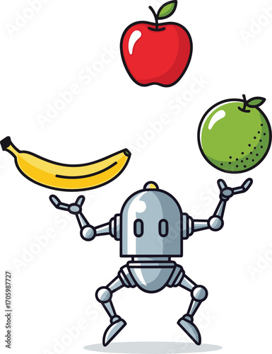 Robot juggling red apple, yellow banana, green fruit vector illustration