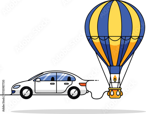 Cartoon car connected to hot air balloon illustration on white