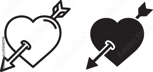 Two stylized hearts pierced by arrows one outlined and one solid black