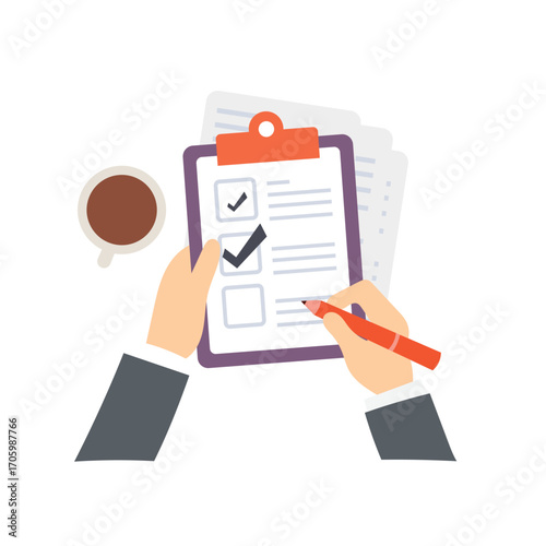 Business Checklist Document Approval Illustration  vector with Paper and Pen for Agreement and Task Management Concept