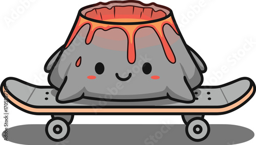 Cartoon volcano with cute face riding a skateboard