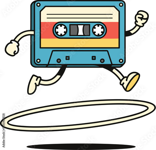 Running cartoon retro music cassette, passing through a hoop.
