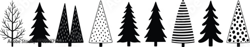 Silhouette vector of nine stylized trees in black and white showing diverse foliage, textures, and artistic botanical design elements