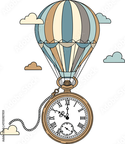 Hot air balloon lifting an antique pocket watch with clouds