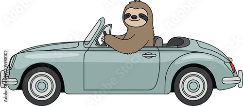 Cartoon sloth driving a classic blue convertible car illustration