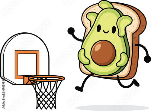 Avocado toast cartoon playing basketball illustration