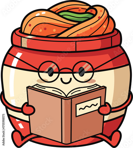 Cartoon kimchi jar with glasses reading a book