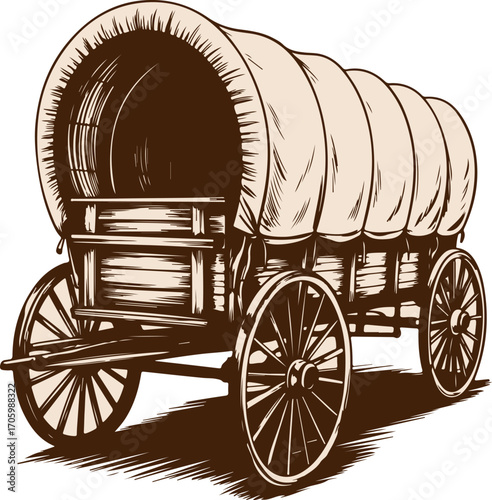 Detailed Illustration of a Classic Covered Wagon, Representing Historical Travel