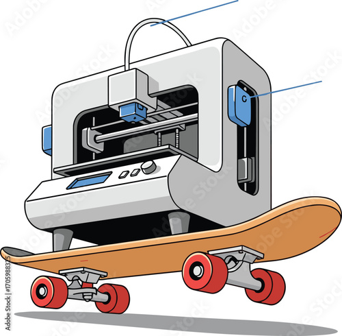 3D printer on skateboard cartoon vector illustration